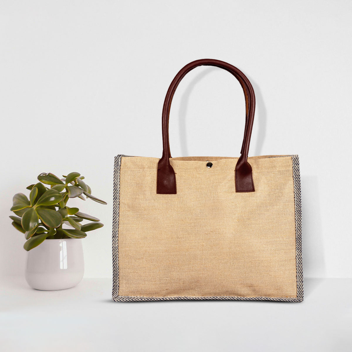 Jute Fashion Tote with Leather Handle