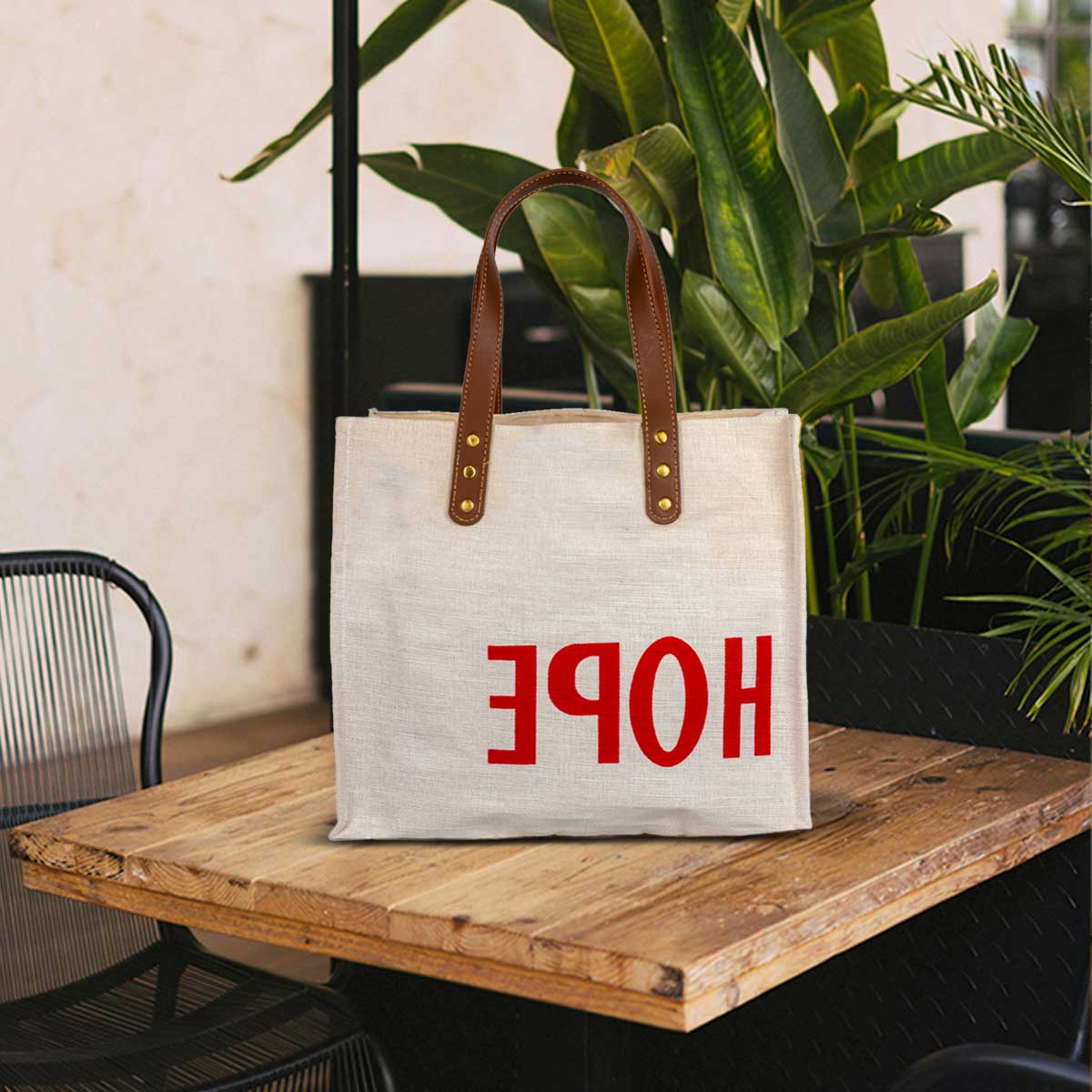 Jute Fashion Tote with Leather Handle