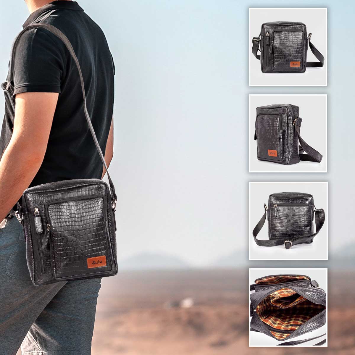 Leather Side Bag For Men -  Black